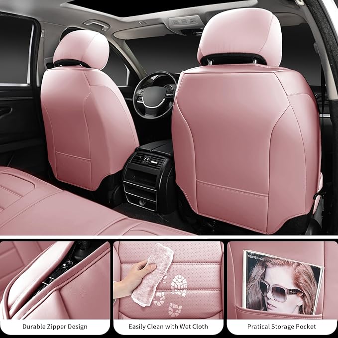 Pink Car Seat Covers Full Set, Universal Faux Leather Seat Covers for Cars 5 Seats, Waterproof Leather Car Seat Covers, Comfortable Automotive Seat Covers for Most Sedans Trucks SUVs