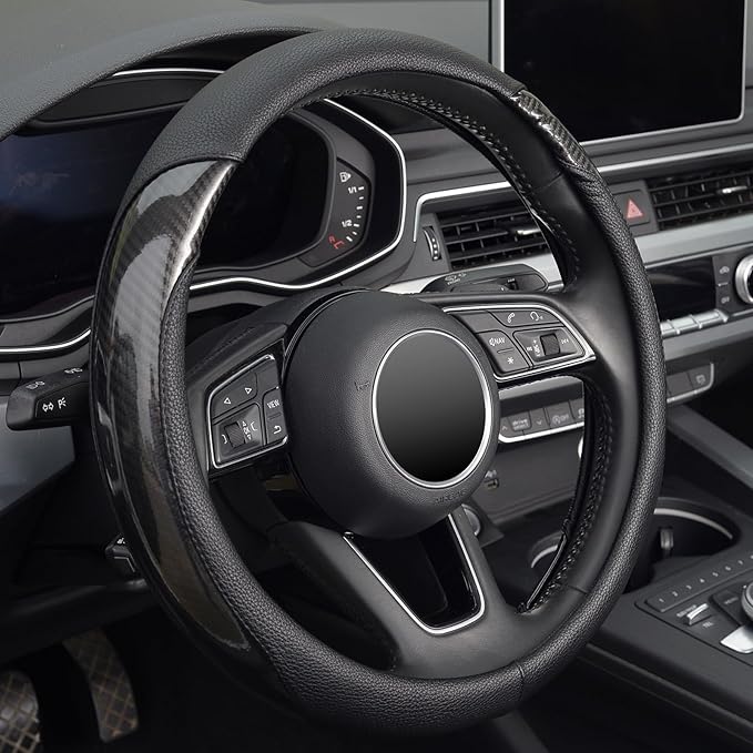 ZHOL Car Steering Wheel Cover Universal 14 1/2"-15" Leather Carbon Fiber Anti-Slip Car Accessories, Black