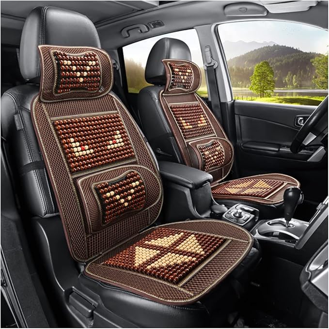 Natural Wood Beaded Seat Cover with Cooling Ventilated Mesh, Massage Seat Cushion with Lumbar Support for Car/Truck Driver