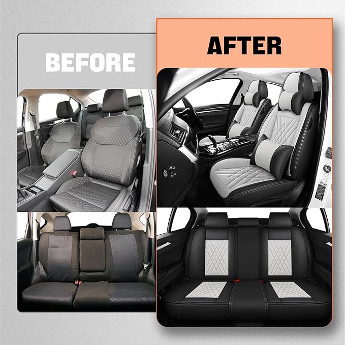Car Seat Covers Compatible with Toyota Camry 2012-2026 Durable Waterproof Automotive Seat Covers Stretchable Fabric Material,Airbag Compatibility,Nappa Leather(Black White,Full Set with Pillow)