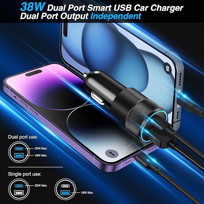 USB C Car Charger, 2 Pack 38W Dual Ports USB-C & USB-A Car Charger Adapter Fast Charging Cigarette Lighter Chargers for iPhone 17 Pro Max 16 16e 15, Samsung S24, Pixel Cargador para Carro Phone Plug