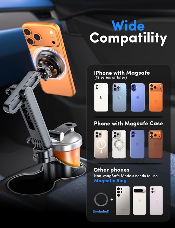ELWEY Cup Holder Phone Holder for Magsafe, Car Phone Holder Magnetic, Upgraded 2 in 1 Cup Holder Phone Mount with Dual Adjustable Bases, Powerful N55 Magnet, 15" Height, for iPhone 17 Pro Max 16 15