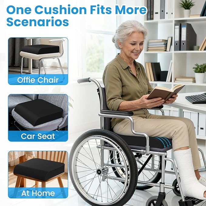 Wheelchair Seat Cushion for Pressure Relief, Cooling Gel Memory Foam Chair Cushion with Slope-Edge Design, Coccyx Support for Tailbone Pain, Non-Slip, for Wheelchairs, Office Chairs & Car Seats