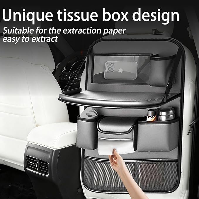 2 Pack Leather Car Backseat Organizer with Foldable Table Tray, Car Storage Organizer with Tablet Holder, Car Seat Back Protectors Kick MatsTravel Accessories