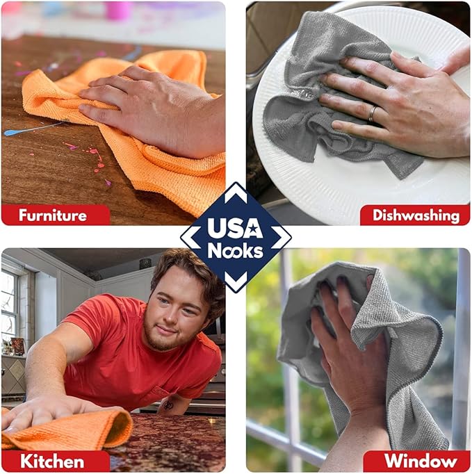 USANOOKS Microfiber Cleaning Cloth - 8 Pcs 12"x11" - High Performance - 1200 Washes, Ultra Absorbent Towels Weave Grime & Liquid for Streak-Free Mirror (Pack of 8)