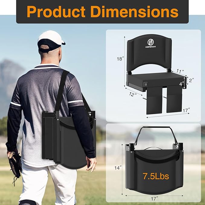 HOPERAN Heated Stadium Seats for Bleachers with Back Support, 3 Levels Heating Bleacher Chairs with Back and Cushion, Folding Bleacher Seat, Lightweight Portable Stadium Chair with Shoulder Strap