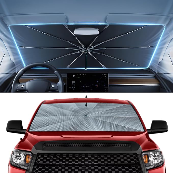 Autorder Windshield Sun Shade Umbrella for 2007-2025 Toyota Tundra Accessories,Upgraded Ice Crystal Material,Easy Setup Umbrella Sunshade for Car Windshield,100% Sun Blocking