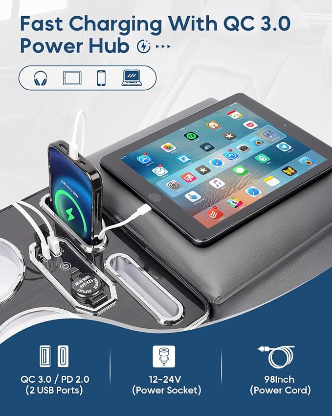 Center Console Organizer, Rear Bench Seat Armrest Organizer with Fast Phone Charging & Cup Holders
