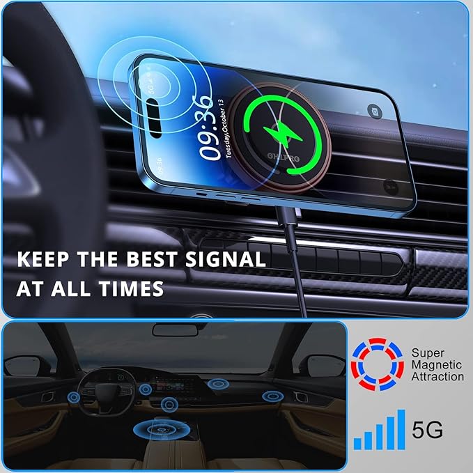 OHLPRO for MagSafe Car Mount Charger iPhone Wireless Car Charger, Stick on Dashboard Magnetic Phone Holder Mount for iPhone 17 Pro Max 16 15 14 Series, 15W Fast Charging, Aluminum Shell