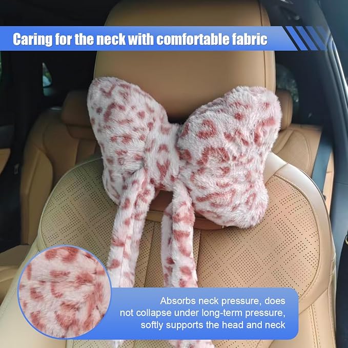 2PCS Cute Bow Car Headrest Pillow, Soft Breathable Leopard Plush Car Neck Support Pillow, Comfortable Warm Ergonomic Auto Interior Head Rest Cushion for Women, Girl (Pink)