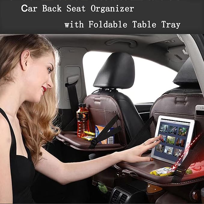 Premium PU Leather Backseat Seat Organizer with Foldable Table, Multi-Storage Pockets and Adjustable Buckle Strap for Automobiles