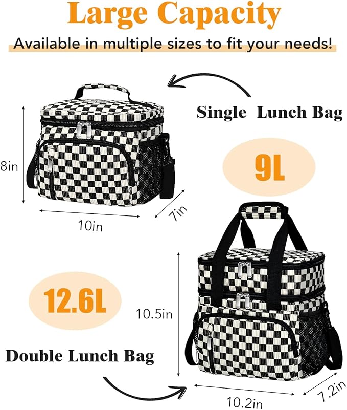 Insulated Lunch Bag for Men & Women, 9L Leakproof Lunch Box Soft Cooler Tote with 5 Pockets, 600D Oxford, EVA Lining, Adjustable Strap for Work, Picnic, Beach&Travel-Corduroy Black Checkered