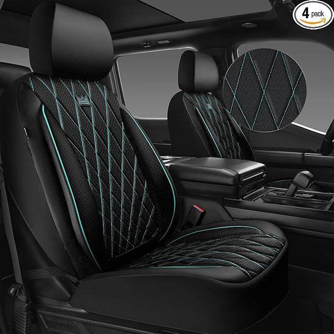 CAR PASS Thick Foam 3D Air Mesh Leather Car Seat Covers Front Seats Only, Breathable Premuim Leather Two Front Seat Cover, Airbag Compatible Universal Fit for 95% Sedan Van Truck SUV,Black and Mint