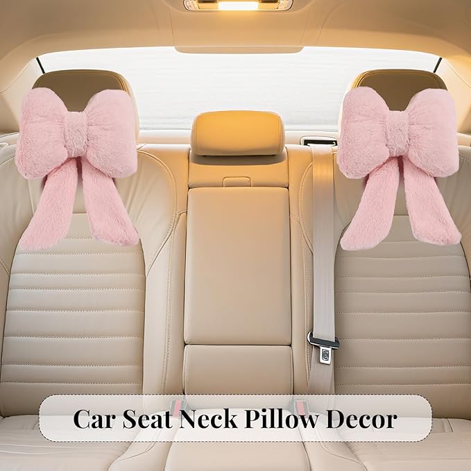 2 Pack Bow Car Headrest Pillows Plush Neck Pillows for Travel Driving Office Chair Head Support Cushions, Also Cute Car Decor Accessories for Women (Pink)