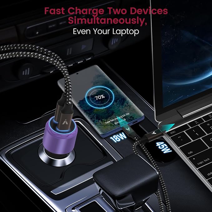 VELOGK Super Fast Type C Car Charger [73W Turbo], Fast Adaptive 55W 45W PPS/PD&QC3.0 USB C Car Adapter[Super Fast Charging 2.0]for Samsung S26/S25 Ultra/S24 Ultra/S23 Ultra/S22+/S21, iPad Pro(Purple)