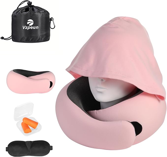 Travel Pillow - Hooded Neck Pillow Airplane Memory Foam Filling for Plane, Office, Cars Sleeping, Road Trip, Long Flights, Airplane Travel Essentials, Includes Eye Mask & Earplugs (Pink)