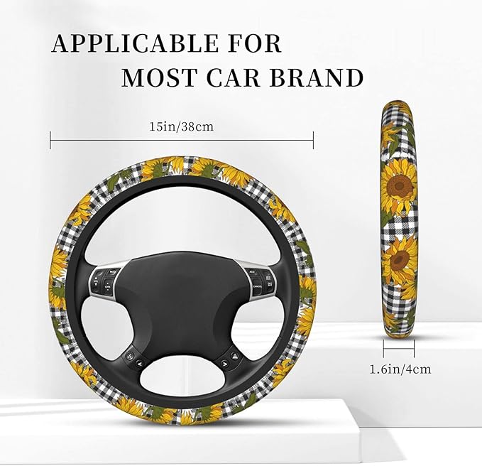 Checkered Sunflowers Steering Wheel Cover Women Men Elastic Stretch Soft Car Wheel Protector Universal Breathable No-Slip Car Accessories for Truck Van SUV Auto Fit 14-15 Inches