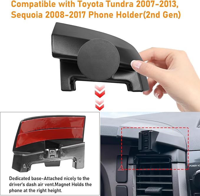 Compatible With Toyota Tundra Phone Holder 2007-2013 for Air Vent, 2nd Gen Sequoia Mount, Magnetic Bracket Anti-Shake, 360 Degree Rotation Dashboard Cell Stand, Black