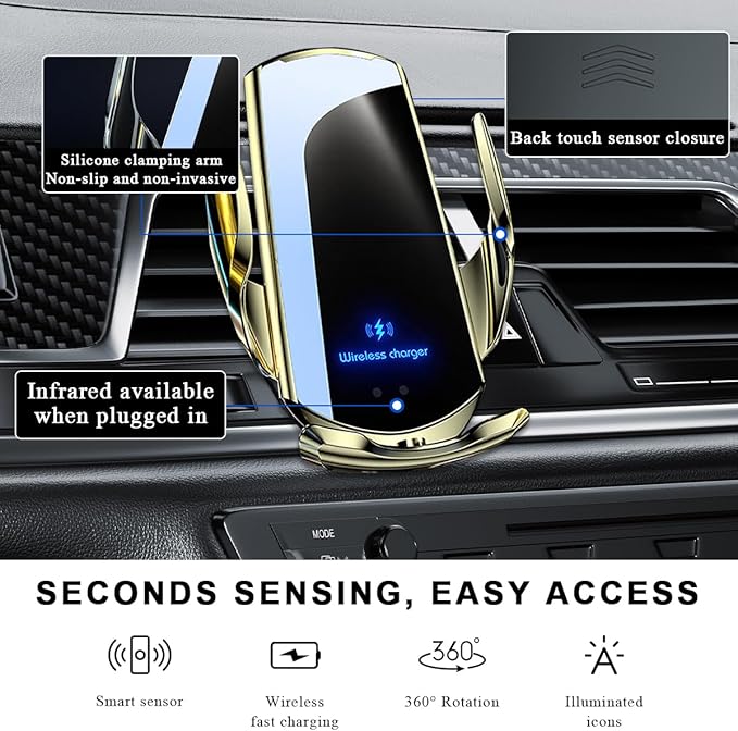 Wireless Car Charger, 15W Fast Charging Air Vent Mount Auto-Clamping Phone Holder, Automotive Electric Induction Charger 360° Rotating Magnetic Vent Mount Bracket for Smartphones (Golden)