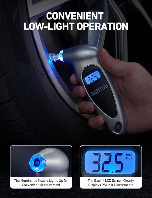 AstroAI Digital Tire Pressure Gauge 0-150PSI Calibrated to ANSI B40.7 +/-1PSI, Accurate in 0.1 Increments, Tire Repair Tools 4 Pressure Measurements for Car Truck with Backlight LCD, Silver