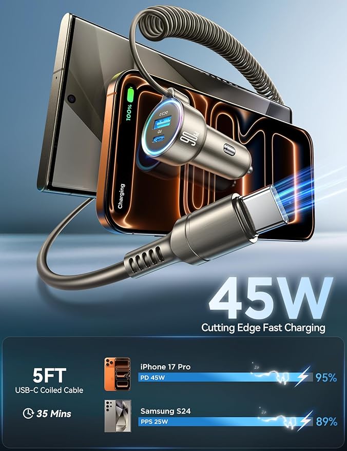 USB C 90W Car Charger for iPhone 17/16 Pro Max, PD & QC3.0 w/5 ft 45W Type C Coiled Cable, Fast Car Phone Charger Adapter for iPhone 17Air/15 Pro, Samsung Galaxy S25/S24/S23, Pixel 10/LG/Android, iPad
