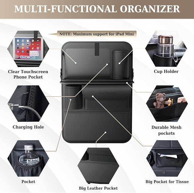 Coverado Car Backseat Organizer(2 Packs) with Tablet Tray, Nappa Leather Organizer for Car Seat Back, Waterproof Car Seat Organizer with Touch Screen, Seat Protector Kick Mats for Kids
