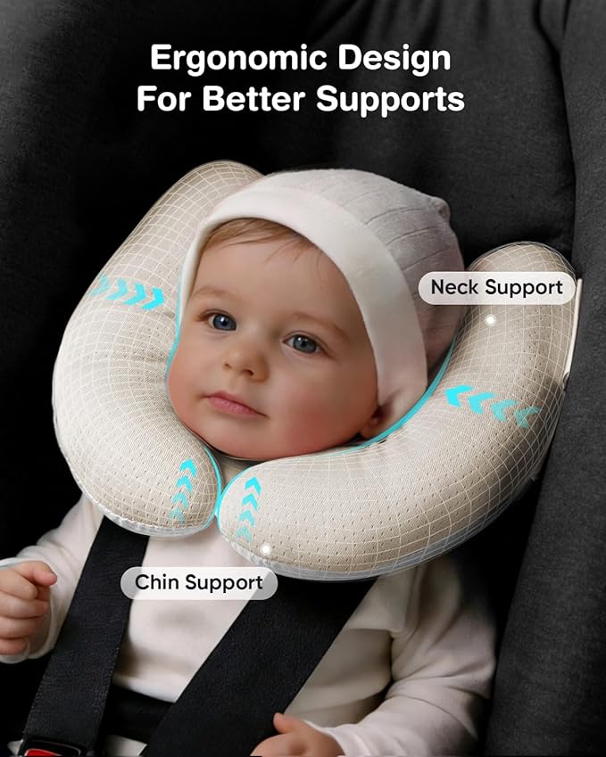 Baby Neck Pillow for Car Seat and Stroller, Adjustable Baby Head Support Pillow for Travel, Soft and Cushiony Torticollis Pillows for Infant and Newborn (Beige)