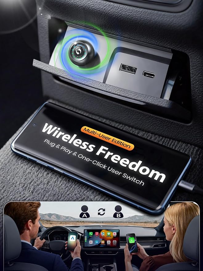 Wireless CarPlay Adapter & Android Auto Adapter, One-Click User Switch, Fast & Stable, Converts Wired to Wireless, Stable Connection Car Play Dongle for iOS 10+ / Android 11+ (Gray)