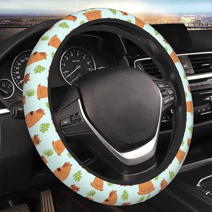 Capybaras and Leaves Steering Wheel Cover for Women Elastic Rubber Steering Wheel Universal 15 Inch Fit for Cars, Auto, SUVs