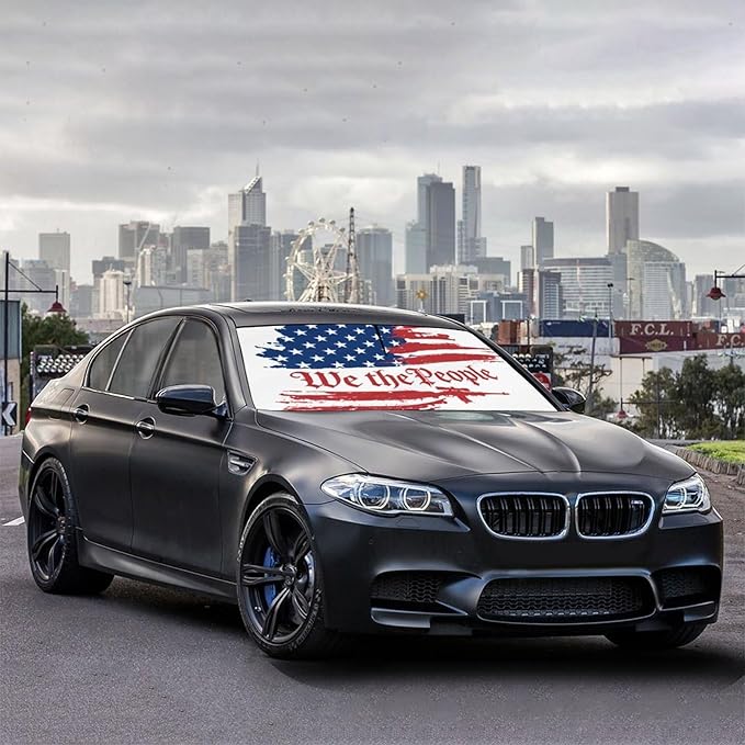 Socira Vintage USA American Flag Car Windshield Sunshade Umbrella Foldable Visor Umbrella Sun Shade Cover Sunshade Front Window Cover Car Accessories Blocks Uv Rays (57" X 30")