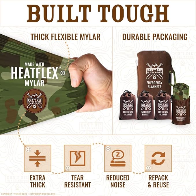 Don't Die In The Woods - World’s Toughest Emergency Blankets [4-Pack] Extra Thick Thermal Mylar Space Blanket - One of The Ten Essentials Outdoor Survival Gear for Hiking Camping First Aid Kit (Camo)