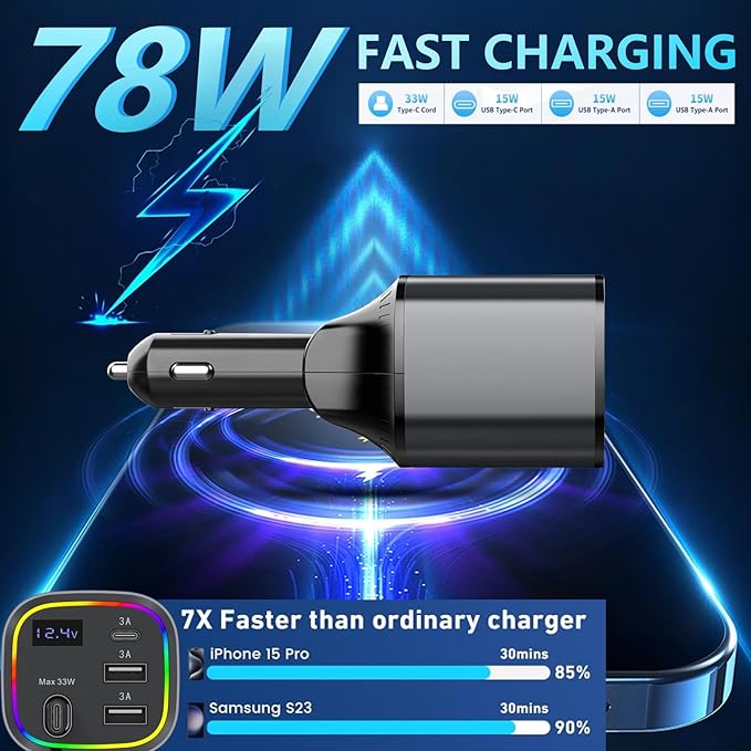 Car Charger USB C - Cigarette Lighter Adapter 78W Fast Retractable Car Charger for iPhone 17 16 pro max 15 14 13 12 Android, 4 in1 Phone Charger with C Cable & Lights for Cars, Car Accessories Gift