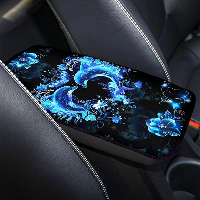 Heart Dolphin Car Armrest Cover Pad for Women Girls Non Slip Decorative Center Console Cushion Dustproof Car Armrest Box Protector Cover Breathable Softs