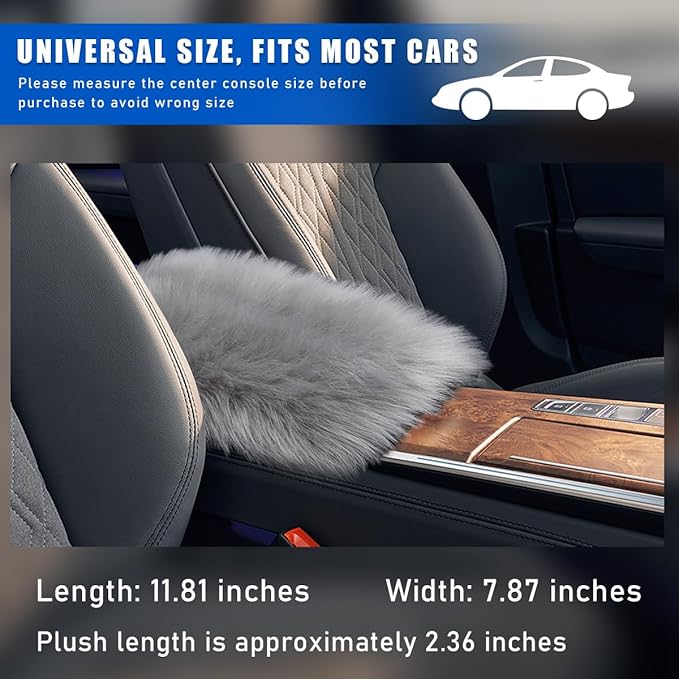 Furry Car Center Console Cover, 11.8"×7.9" Sheepskin Wool Armrest Box Cushion Pad, Comfort Soft Auto Center Console Protector, Interior Decor Accessories for Most Vehicles (Light Gray)