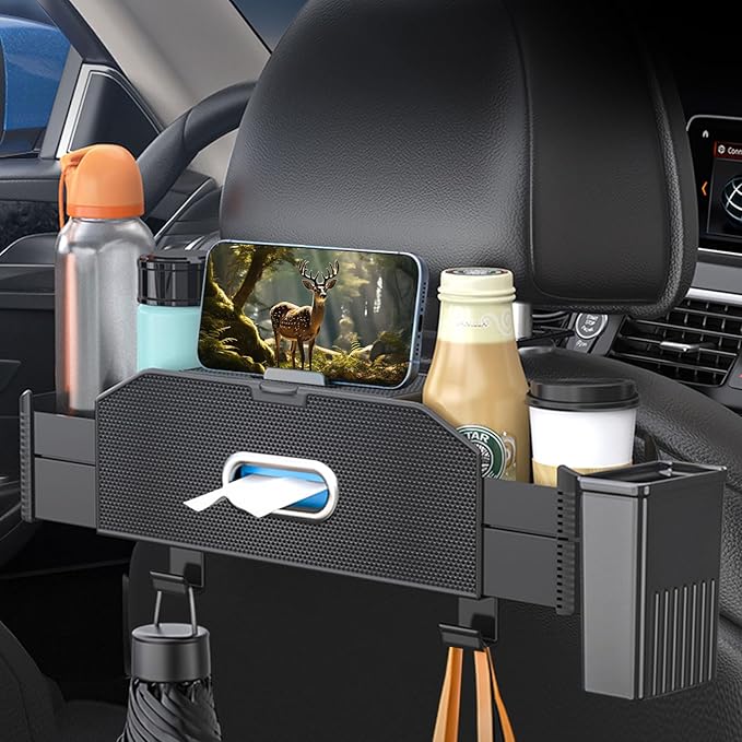 Back Seat Car Organizer,4 in 1 Multifunctional Car Back Seat Storage Box with Trash Can Drink Cup Holder Tissue Box, for Hold Phone,Snacks, Drinks, Handbag-Grid