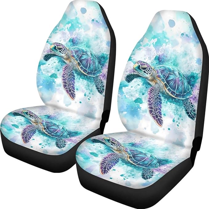 ELEQIN Blue Turtle Car Seat Covers Two Front Only for Car, Automotive Interior Covers, Airbag Compatible, Quick Setup Universal Fit Seat Covers for Car, Truck, SUV