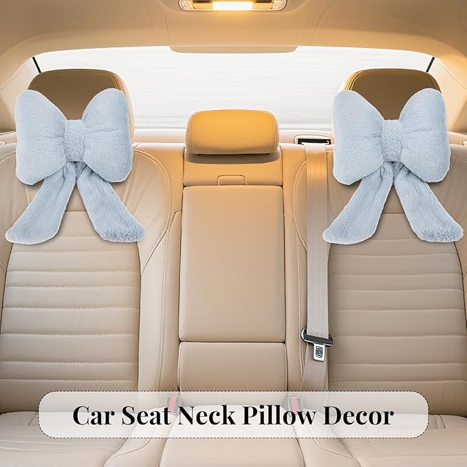 Bow Car Headrest Pillows Plush Car Neck Pillows for Travel Driving Office Chair Head Support Cushions, Also Cute Car Decor Accessories (2PCS Blue)