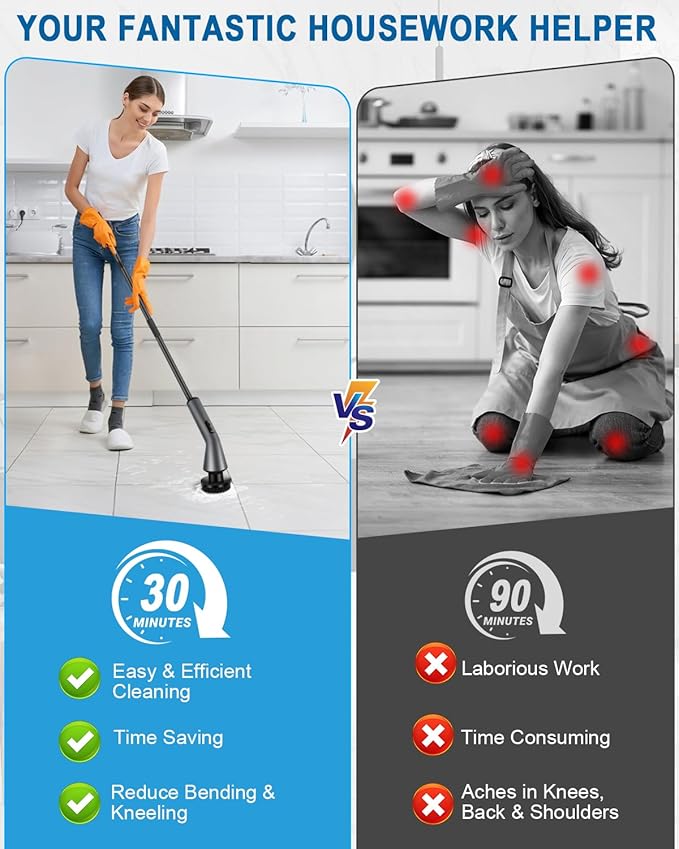 Electric Spin Scrubber -[Upgraded Version] [IPX7 Waterproof] Bathroom Scrubber Electric with 7 Brush Heads, 2 Speed, 400 RPM Power Scrubber with Detachable Long Handle for Bathroom, Home