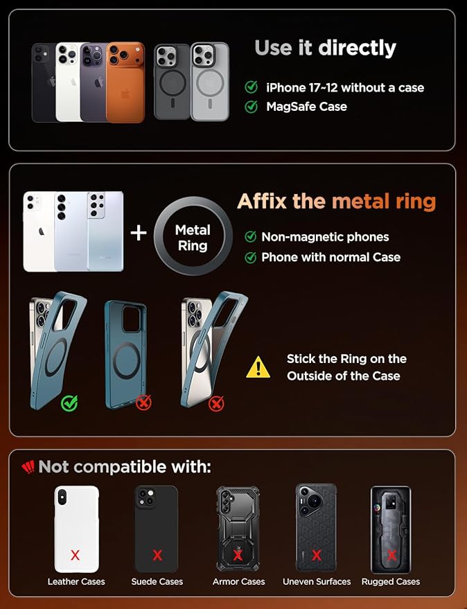 MSXTTLY Magnetic Car Phone Holder – 360° Car Phone Mount with Metal Long Arm & Extended Reach 2026 Tesla Phone Holders for Your Car for iPhone 17 Pro Max 16 15 14 13 12 Plus, Orange