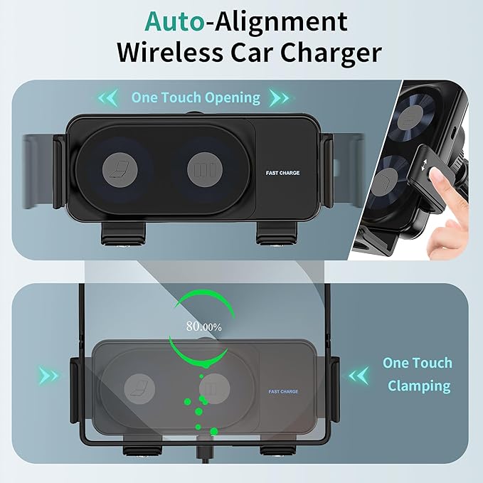 Wireless Car Charger Mount, 15W Dual Coil One-Touch Rotatable Car Phone Holder Wireless Charger for Samsung Galaxy Z Fold 7/6/5/4/3/2, Z Flip, S25/S24/S23/S22, iPhone, Car Charger Included