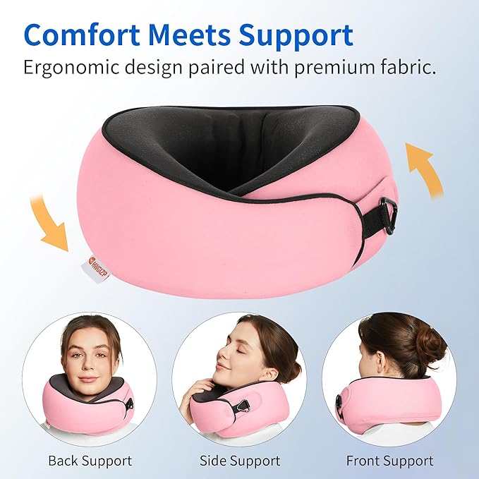Travel Pillow, Memory Foam Neck Pillow for Sleeping, 360° Ergonomic Support Travel Neck Pillow for Flights, Portable Set with 3D Eye Mask, Washable Cover, Comfort for Airplane & Office (Pink)