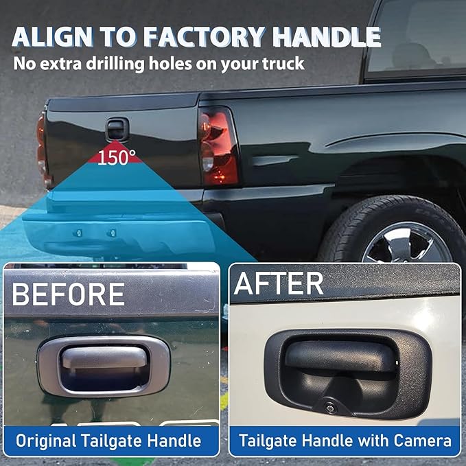 EWAY Tailgate Handle Backup Reverse Camera with 4.3 inch Rear View Mirror Monitor Kit for Chevy Silverado/GMC Sierra Fleet Side Metal Bed 1500 2500 3500 1999-2006 Reversing Parking Camera