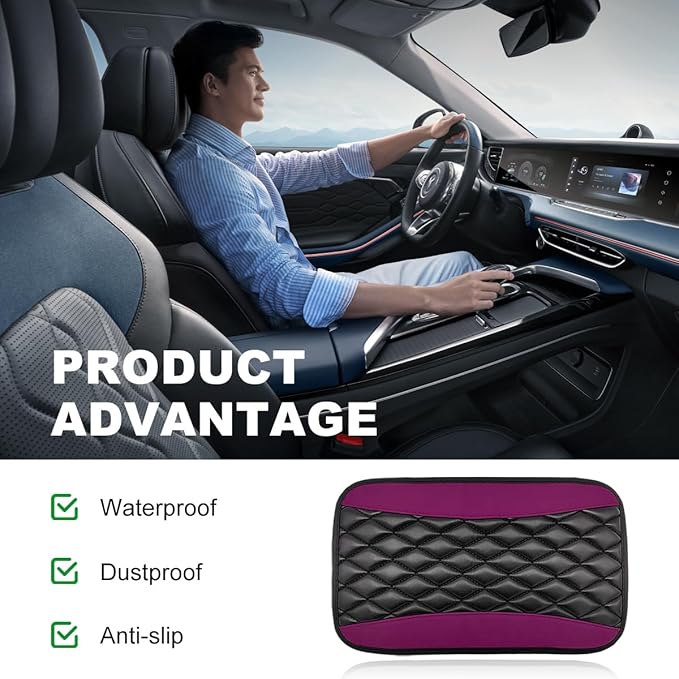 Car Center Console Cushion Pad, 12.6 × 7.48 Inches Waterproof Car Armrest Seat Box Cover, PU Leather Armrest Cover Protector for Most Vehicle, Universal Car Interior Accessories (Purple)