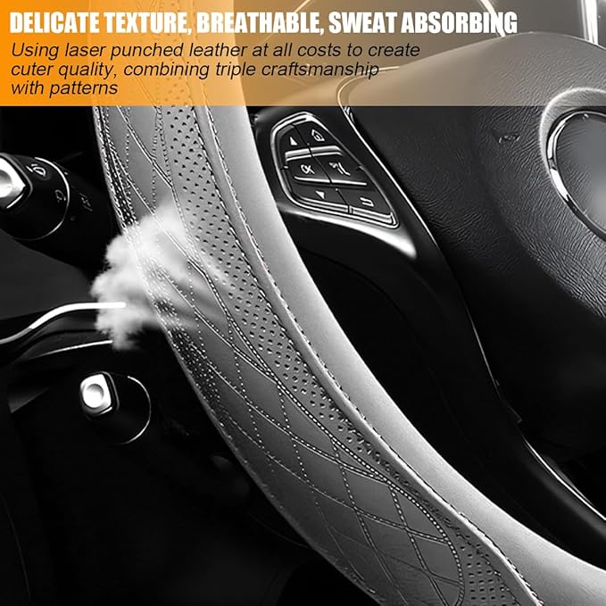 Car Steering Wheel Cover, 14.5-15" Breathable Soft Leather Vehicle Steering Wheel Protector with Anti-Slip Lining, Comfortable Auto Interior Decoration Accessories, Universal Fit (Grey)