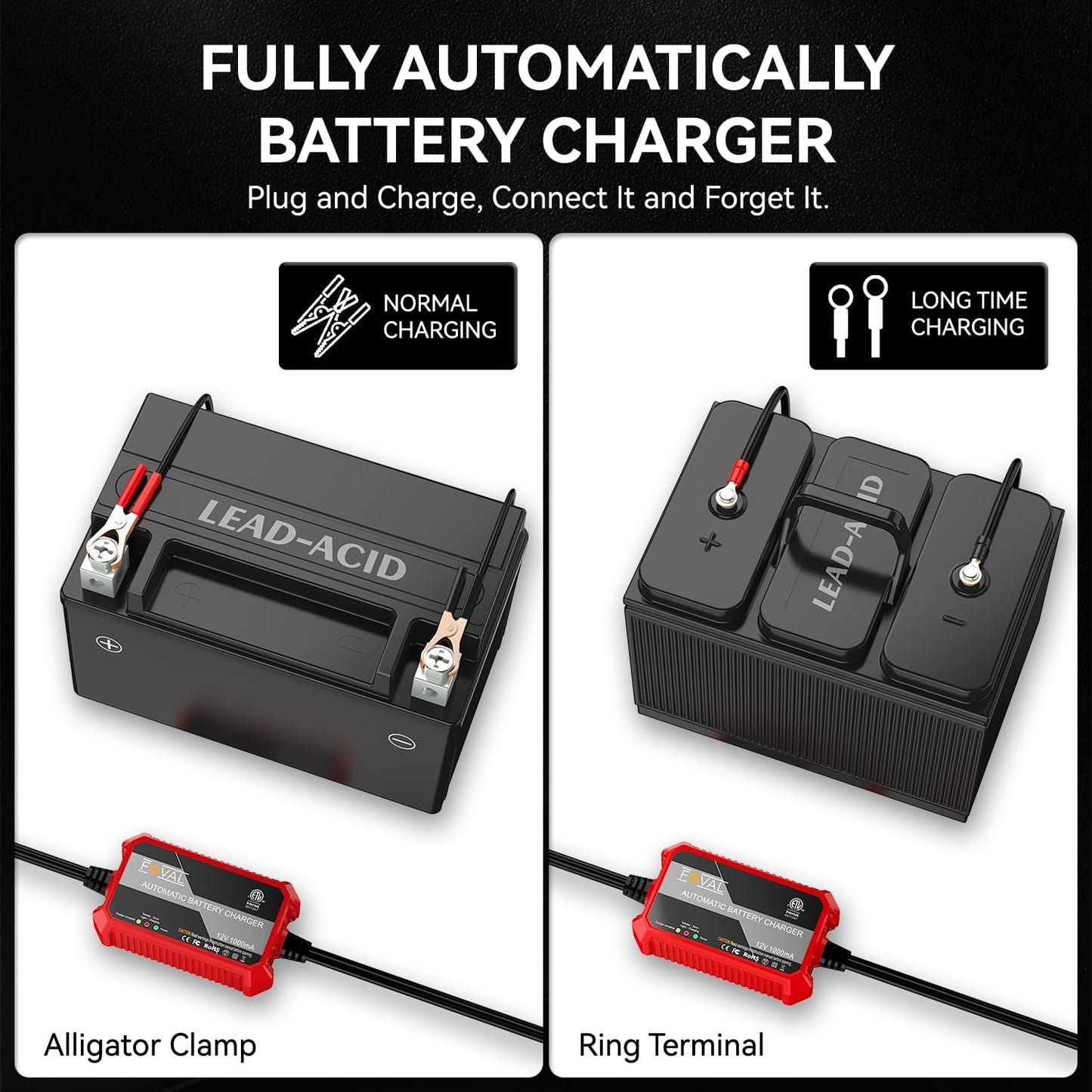 [4-Pack] FOVAL Fully Automatic Trickle Battery Charger, 1000mA 12V Smart Car Battery Charger, Battery Maintainer, Float Charger for Motorcycle Car Lawn Mower Boat ATV Cell Lead Acid Batteries