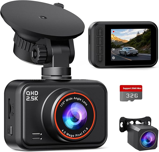 Dual Dash Cam Front and Rear — 2.5K HDR Night Vision Car Camera with G-Sensor & 24H Parking Monitor, Compact Plug & Play Dash Cam with Super Capacitor, 32GB Card Included, Supports 256GB Max