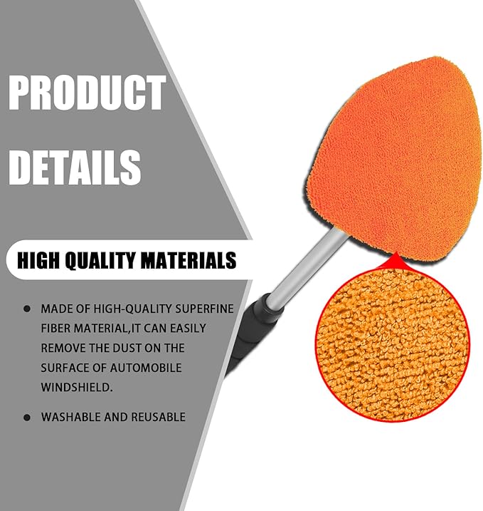 Windshield Cleaner Tool - Portable Car Interior Window Cleaning Kit with Extendable Handle, 4 Microfiber Towel Pads, Auto Glass Wiper for Windshield, Universal for RV, SUV, Truck (Orange)