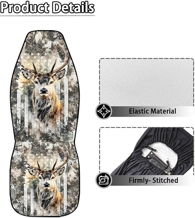 ELEQIN Deer Camo US Flag Car Seat Covers Two Front Only for Car, Automotive Interior Covers, Quick Setup Universal Fit Seat Covers for Car, Truck, SUV