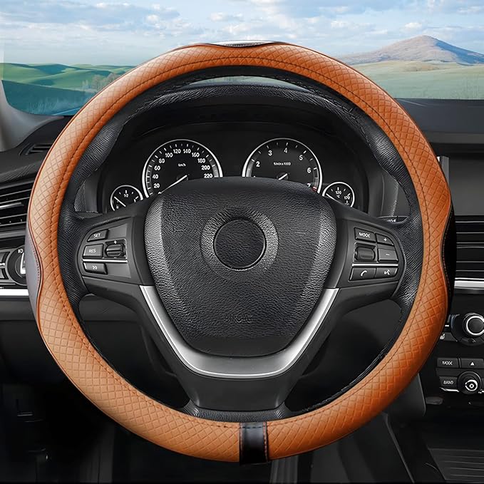 Leather Steering Wheel Cover, Soft Breathable Anti Slip, Universal Fit 15 Inch Car, Truck, SUV (Black/Orange)
