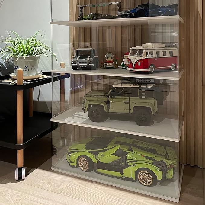 Choowin 2 Layer Acrylic Display Case for Lego Cars (McLaren P1, Ferrari SP3, Bugatti Chiron, Porsche 911, Lamborghini) & 1/8 Diecast Cars - Dustproof Assemble Display Case with Door (White)